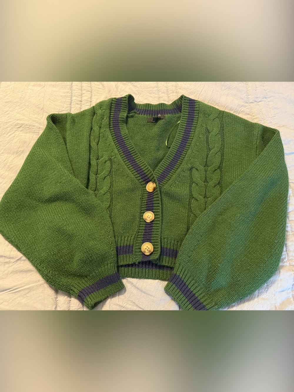 Love Tree Green Cable Knit Cropped Button Cardigan with Blue Trim
